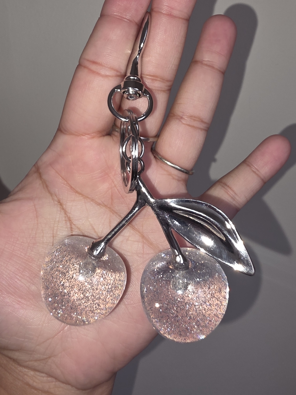 Silver Cherry Drop Keychain Pendant with Pink Glitter Charms